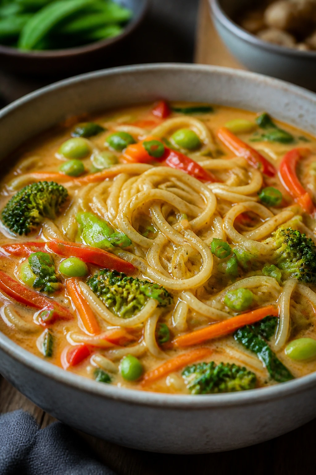 Bowl of peanut butter noodle soup with veggies in creamy broth