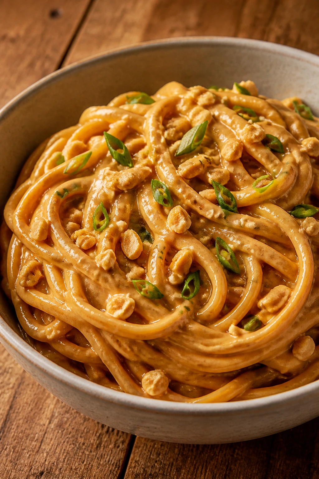 Close-up of peanut butter noodles in a glossy bowl