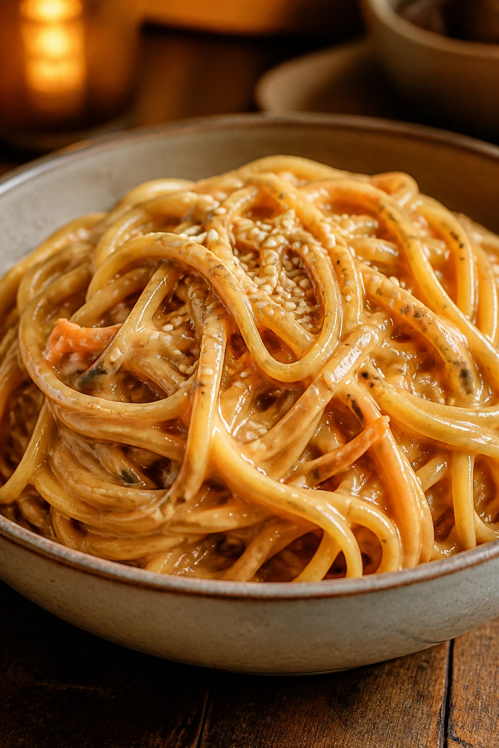 Close-up of peanut butter noodles in a glossy sauce