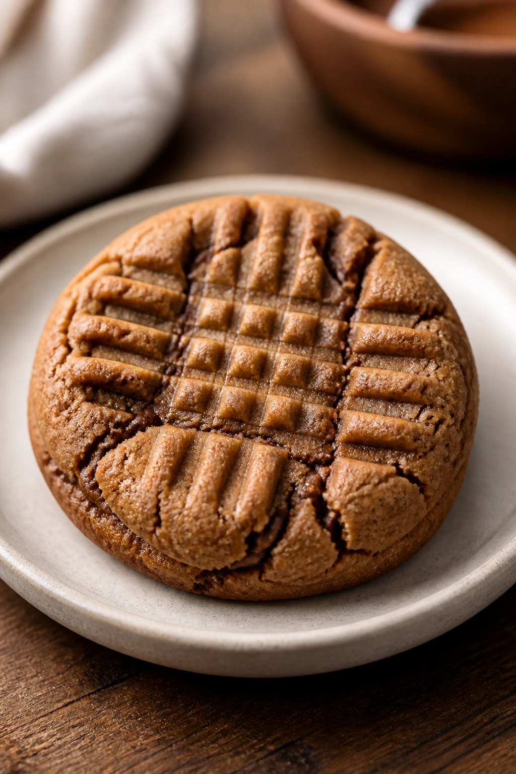 Close-up of peanut butter Nutella cookie with fork marks on a plate