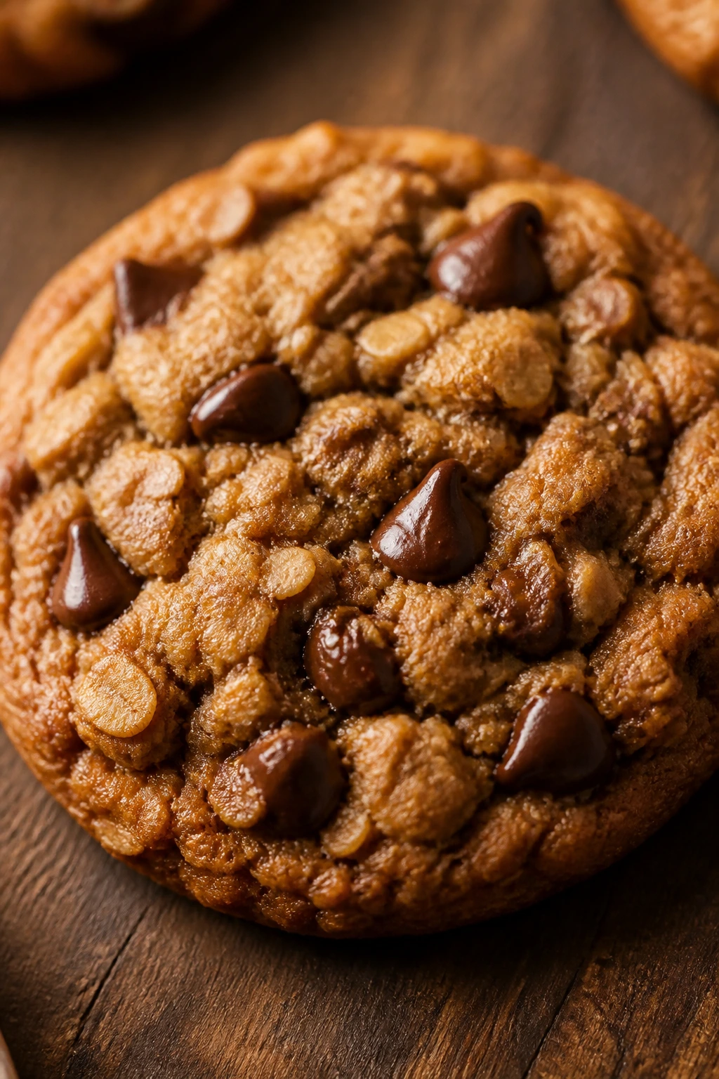 Close-up of a peanut butter chocolate oatmeal cookie on a wooden board