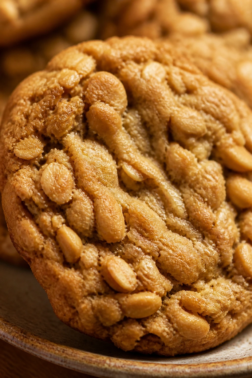 Close-up of a chewy peanut butter oatmeal cookie on a rustic plate
