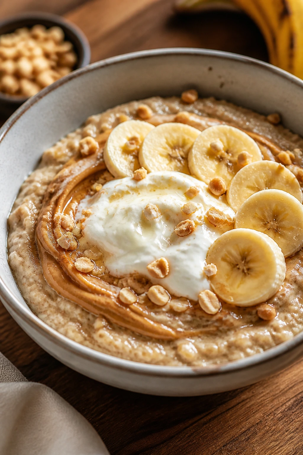 Close-up of peanut butter banana oatmeal in a bowl with yogurt in a warm kitchen