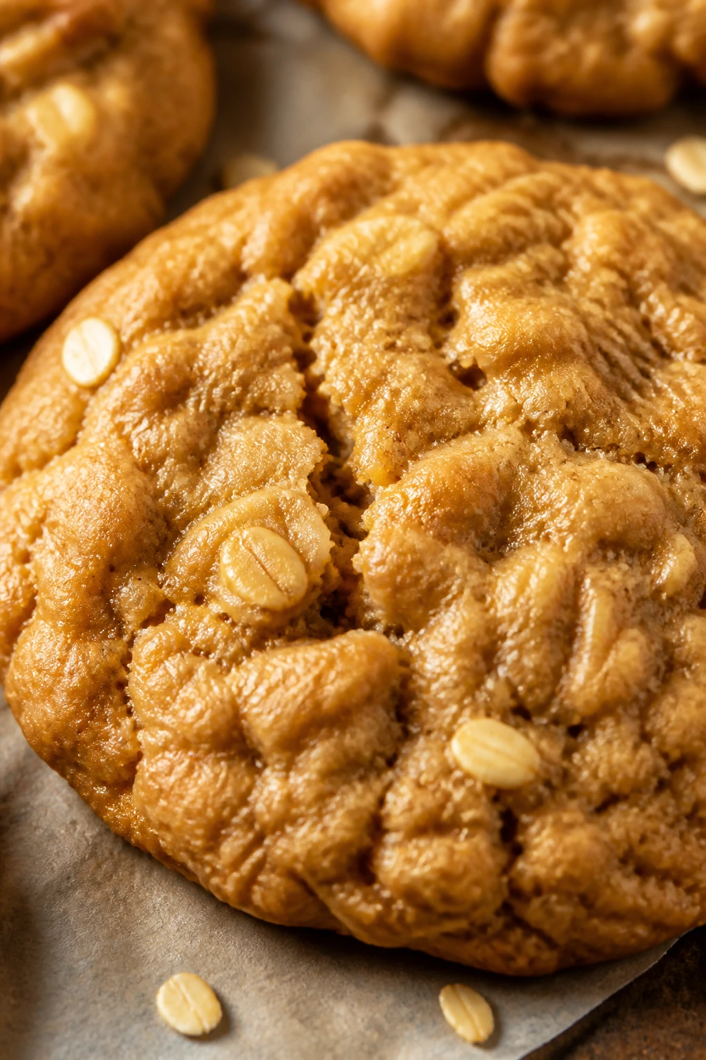 Close-up of a peanut butter oat cookie with oats and a soft center on parchment