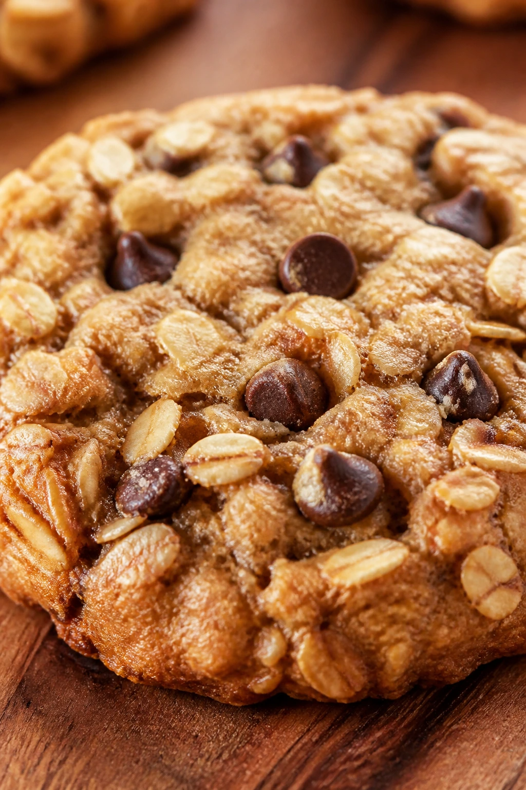 Close-up of a thick peanut butter oat breakfast cookie on a wooden surface