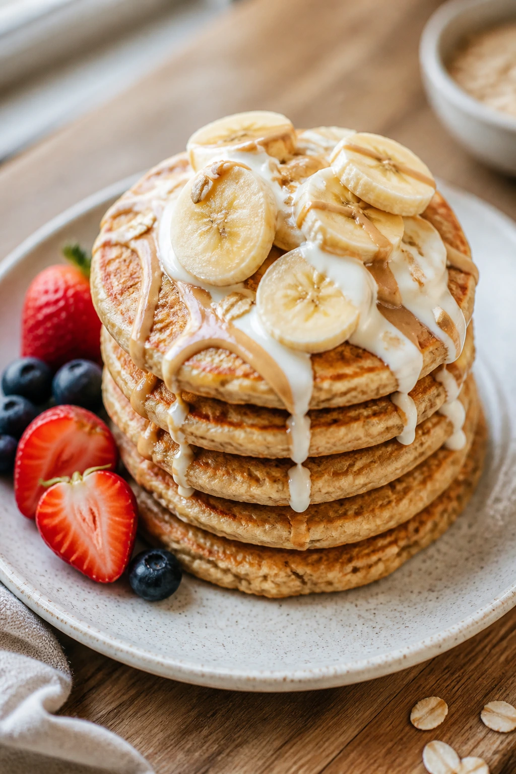 Stack of peanut butter banana oat pancakes with banana slices