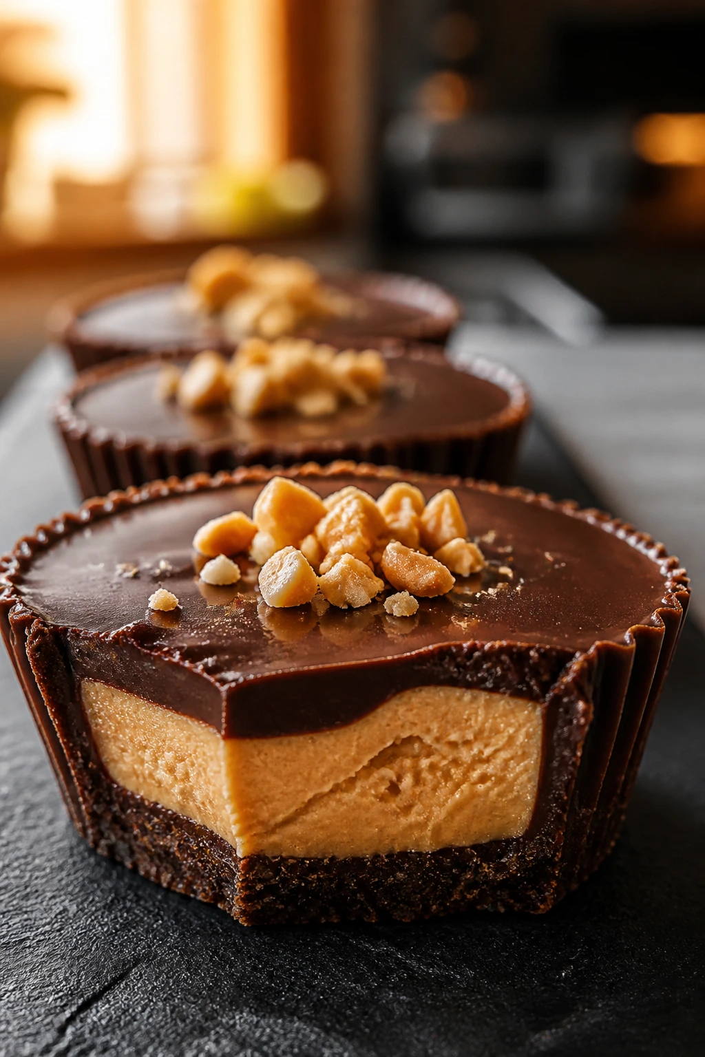 Row of dark chocolate peanut butter pie cups on a dark surface
