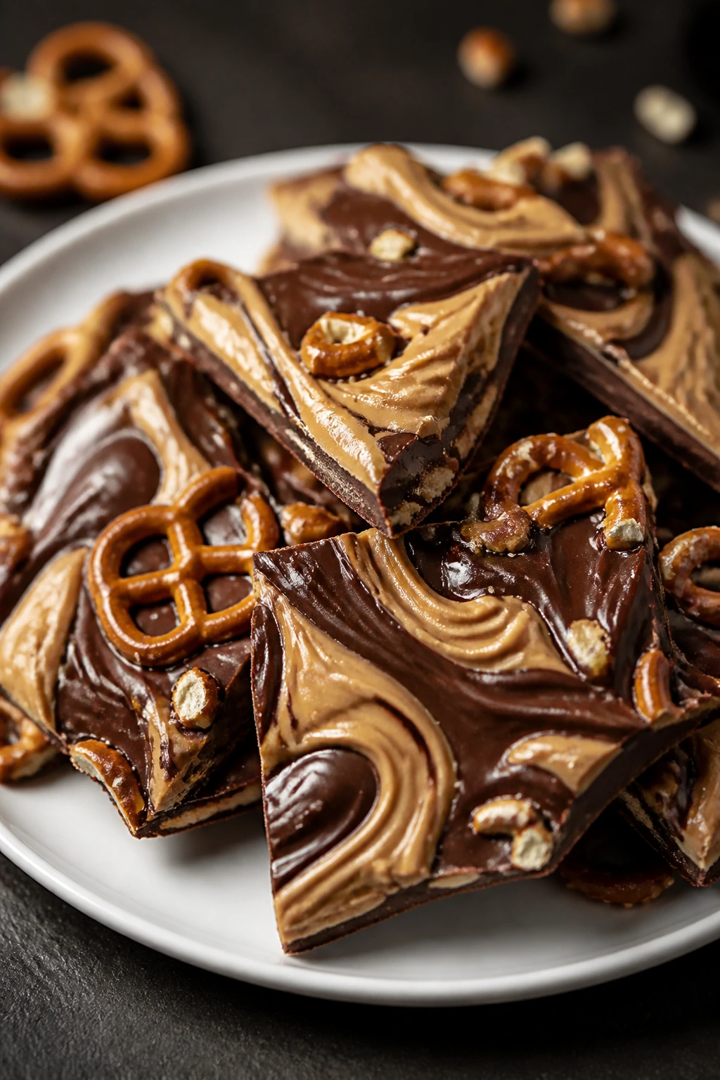 Peanut butter pretzel bark shards on plate