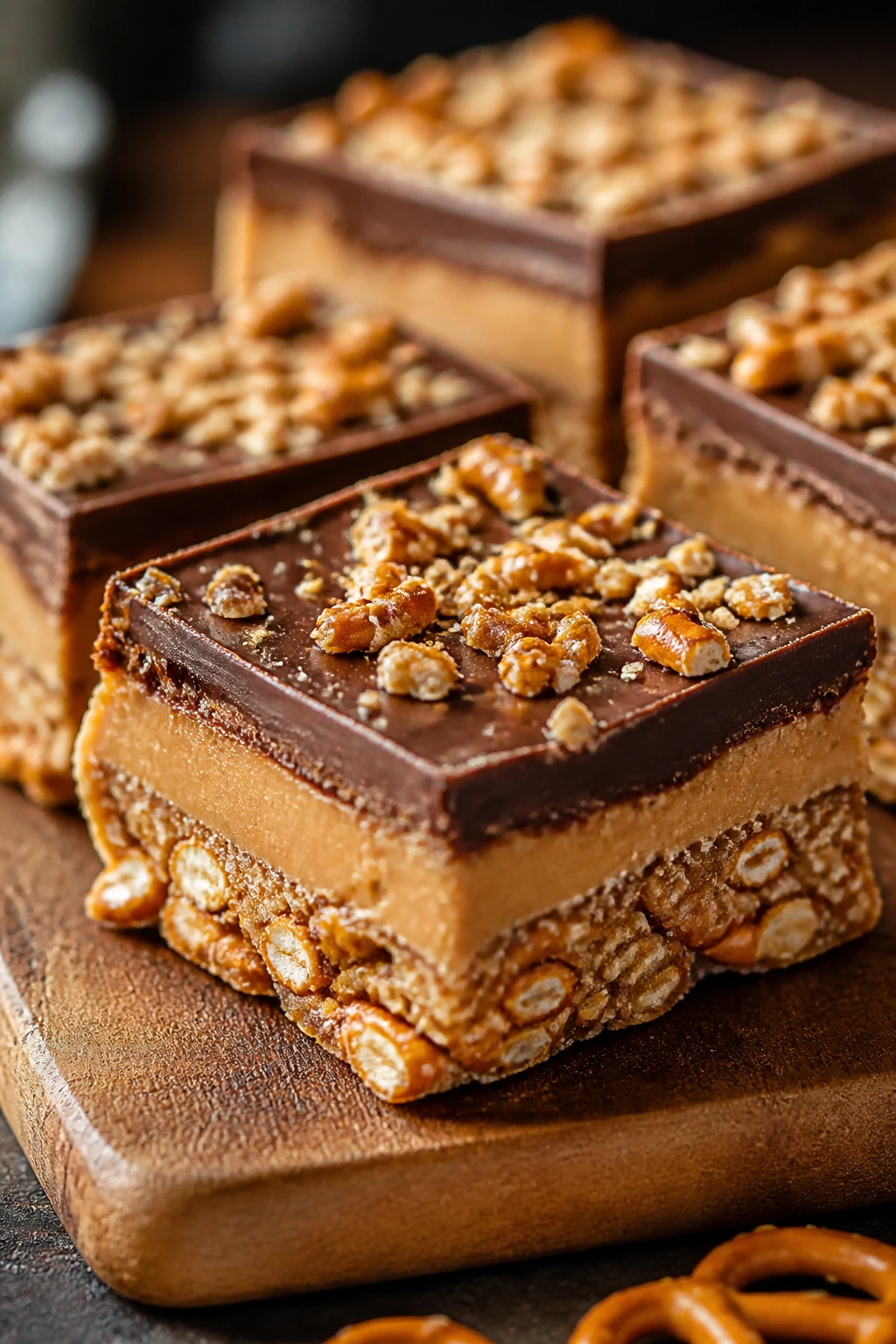 No-bake peanut butter pretzel bars on a cutting board