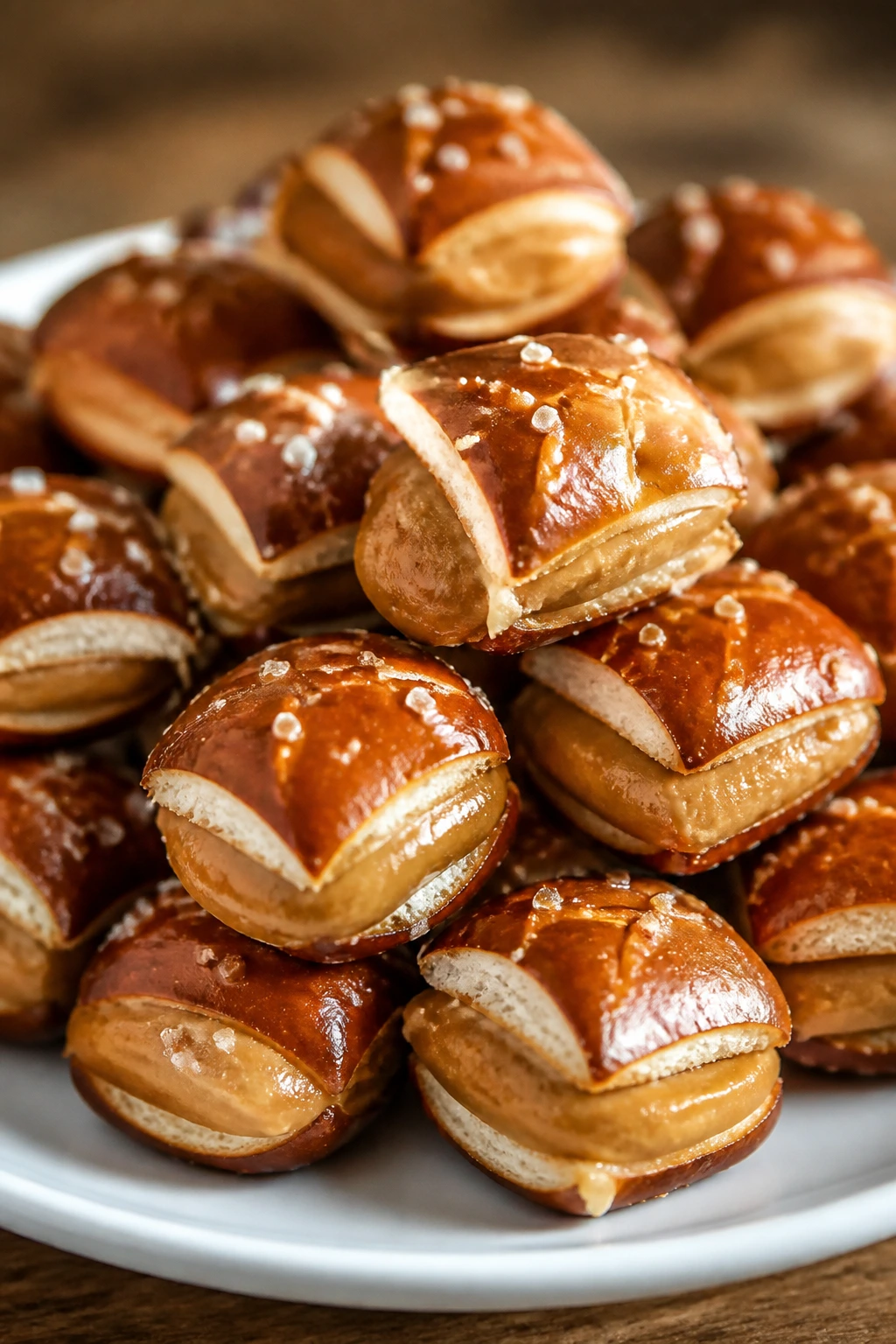 Close-up of peanut butter pretzel bites on a plate