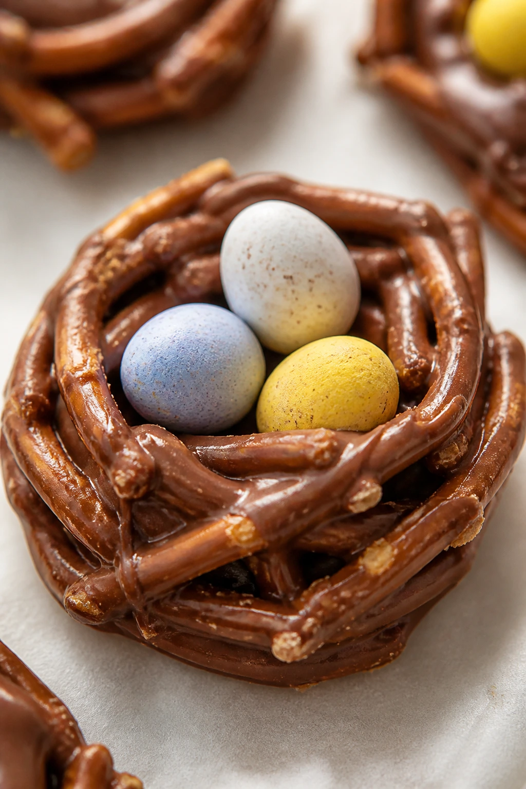 Close-up of a single Peanut Butter Pretzel Bird Nest coated in chocolate with candy eggs