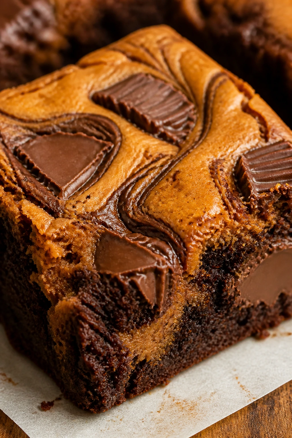 Close-up of Peanut Butter Cup Pumpkin Swirl Brownies with peanut butter cup pieces