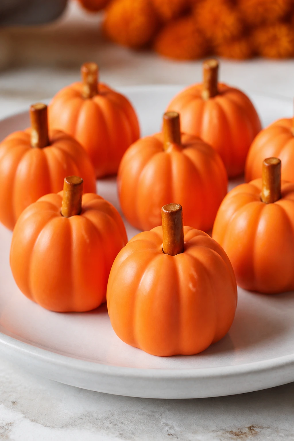 Orange-coated peanut butter pumpkin candies with pretzel stems on plate
