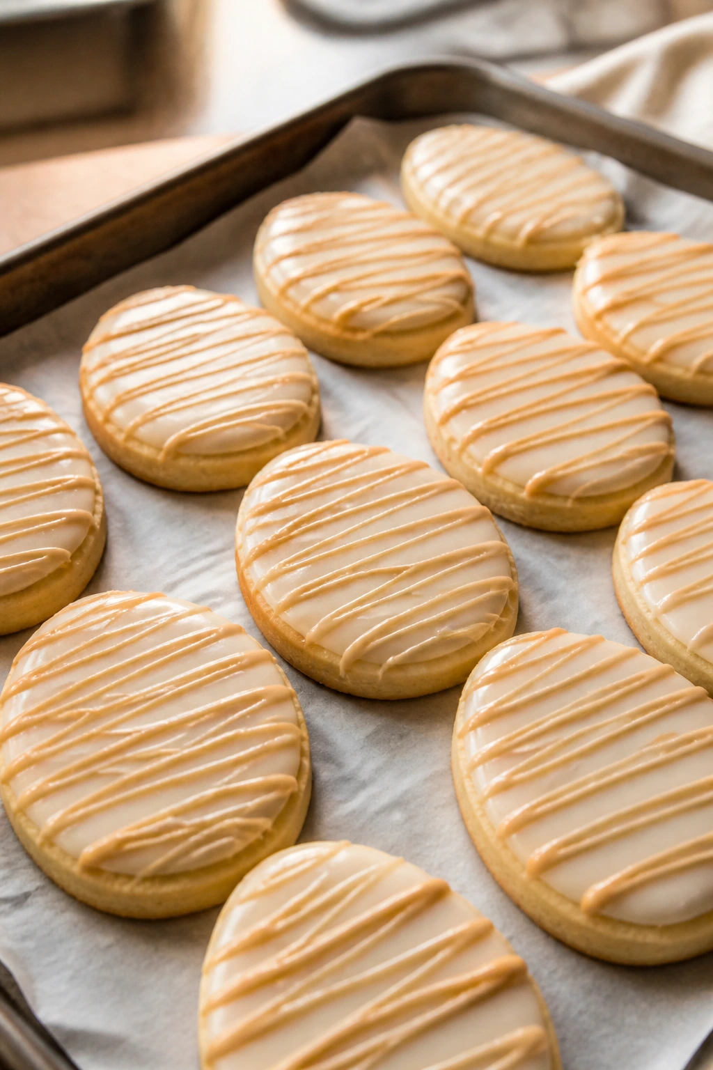 Close-up of peanut butter ribbon Easter Egg Cookies on parchment-lined sheet in a cozy kitchen