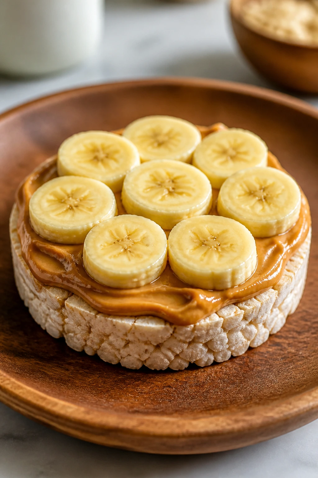 Close-up of a peanut butter banana rice cake sandwich on a wooden plate in a bright kitchen