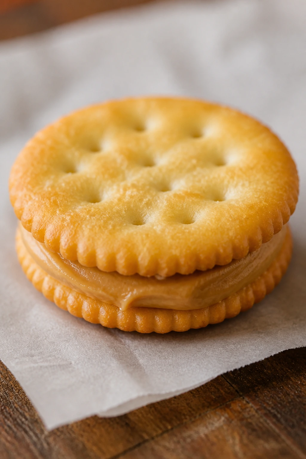 Close-up of peanut butter Ritz sandwich showing filling