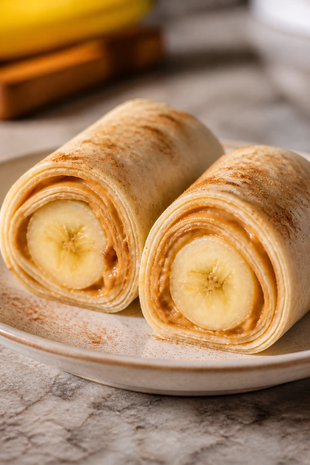 Close-up of peanut butter banana roll-ups sliced into rounds on a plate