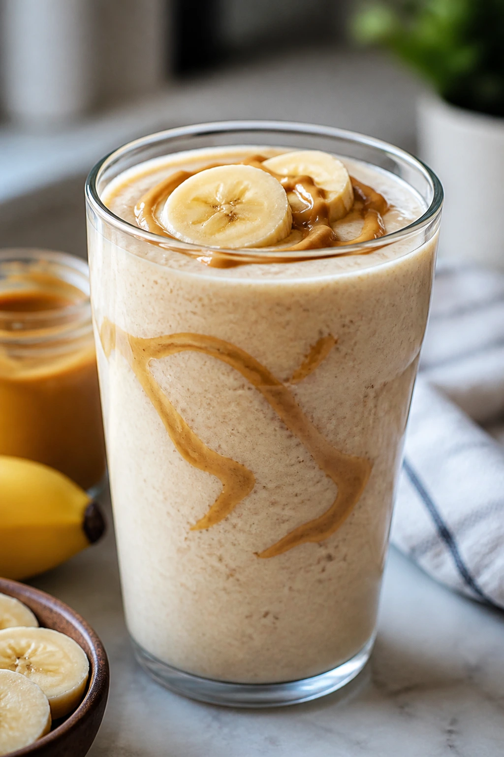 Peanut butter banana yogurt smoothie in glass