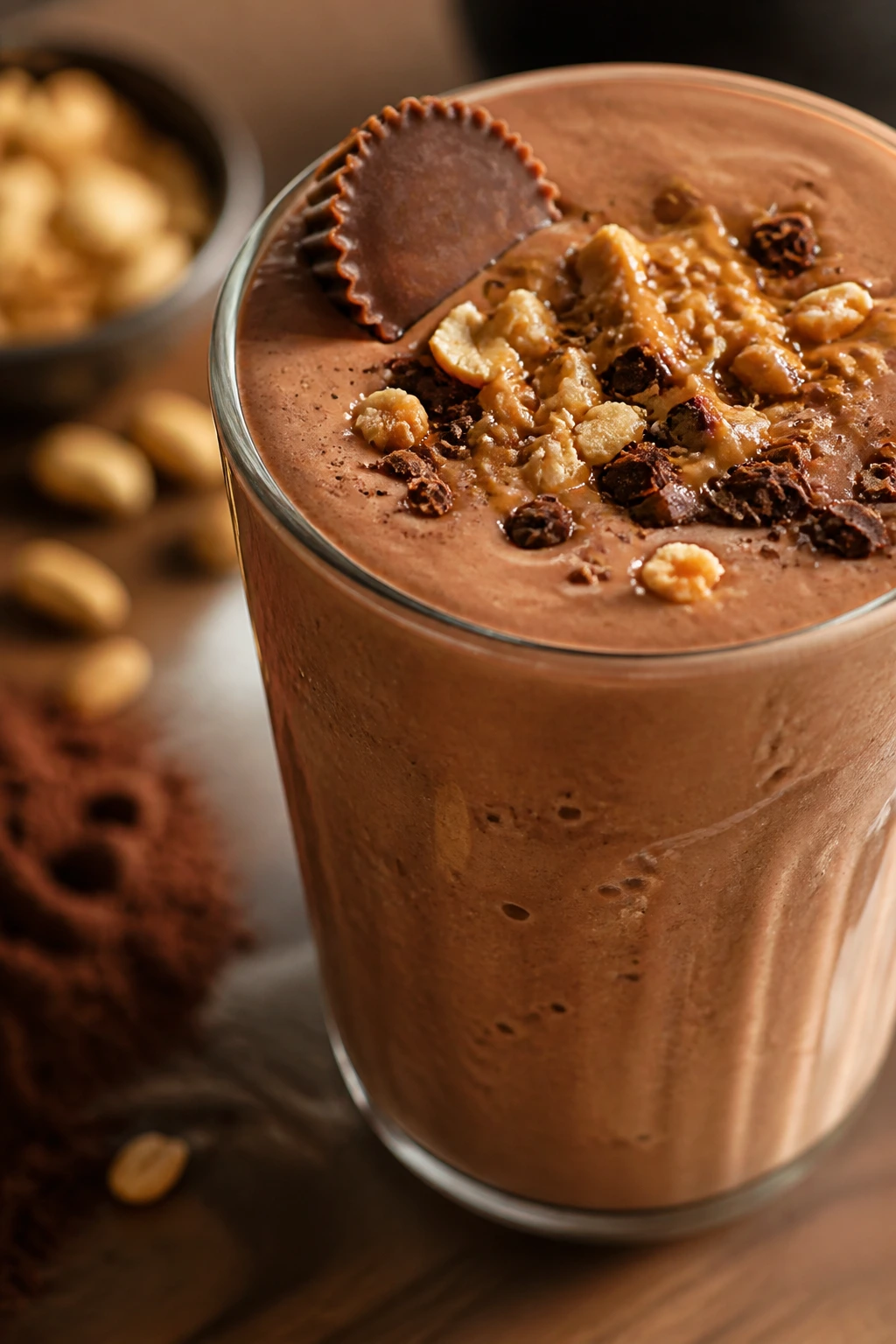 Close-up Peanut Butter Cup Smoothie in glass on kitchen counter
