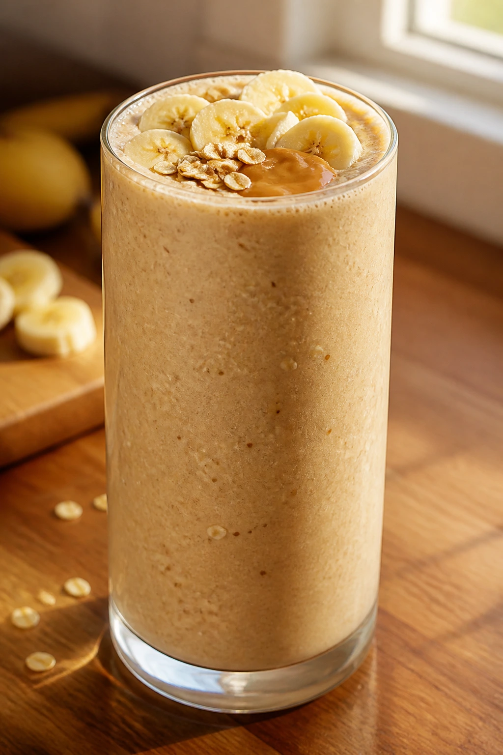 Close-up of thick peanut butter banana oat smoothie in a glass on a wooden counter