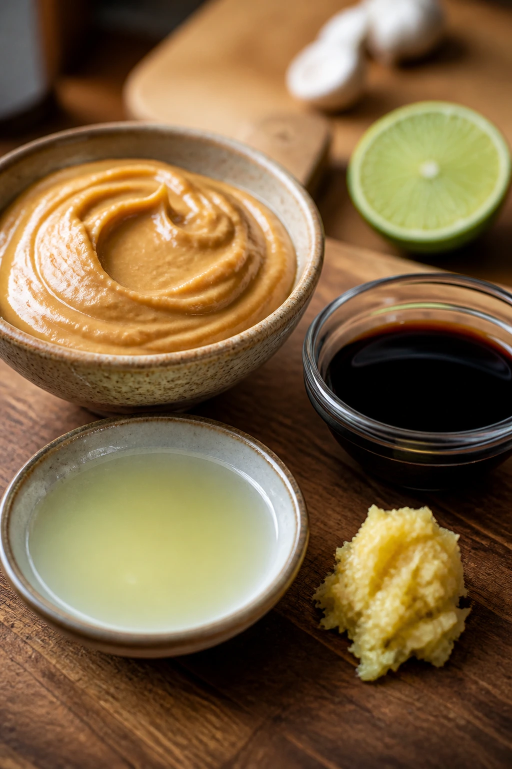 Close-up of peanut butter, soy sauce, lime juice and ginger for sauce