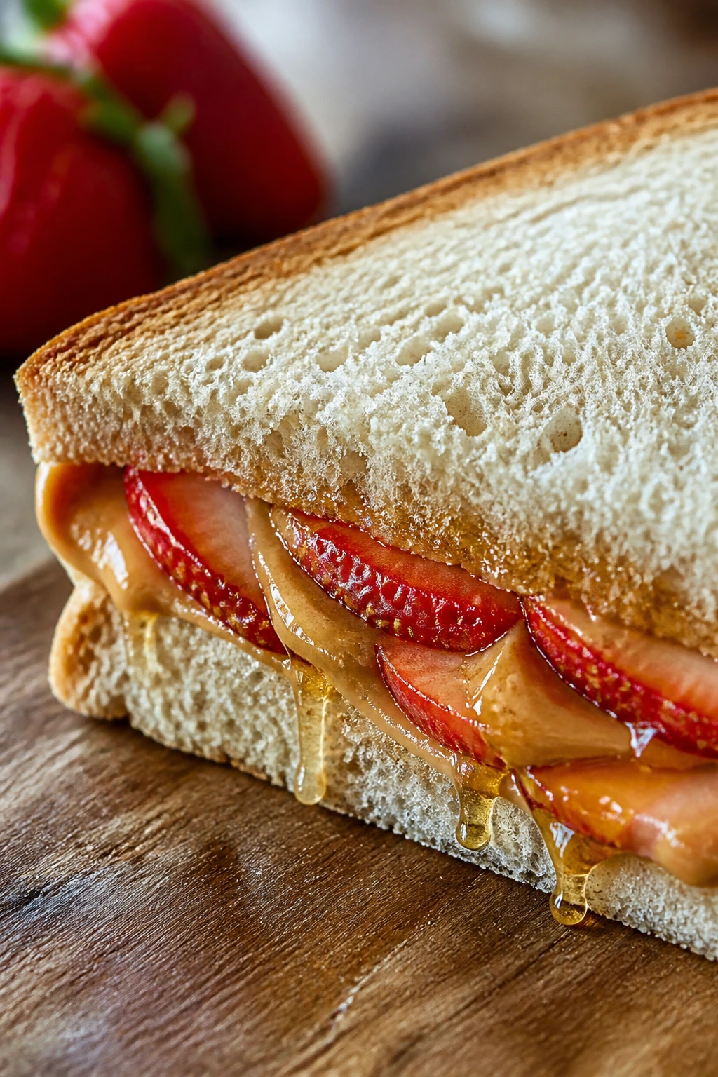Diagonal-cut peanut butter strawberry honey sandwich close-up