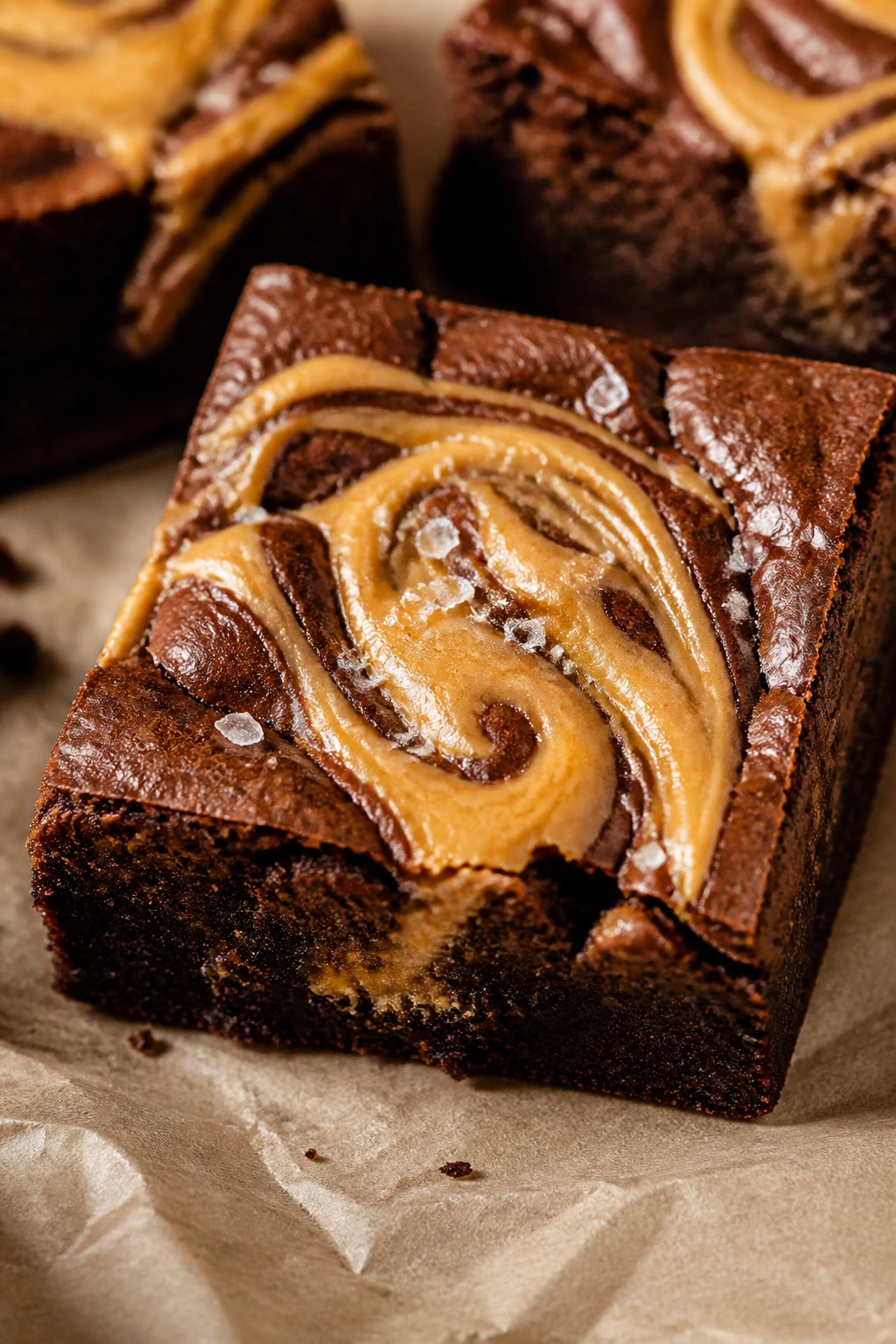 Brownie with peanut butter swirl on glossy surface