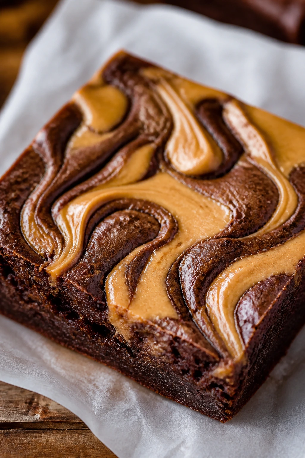 Close-up of Peanut Butter Swirl Brownie with peanut butter ribbons
