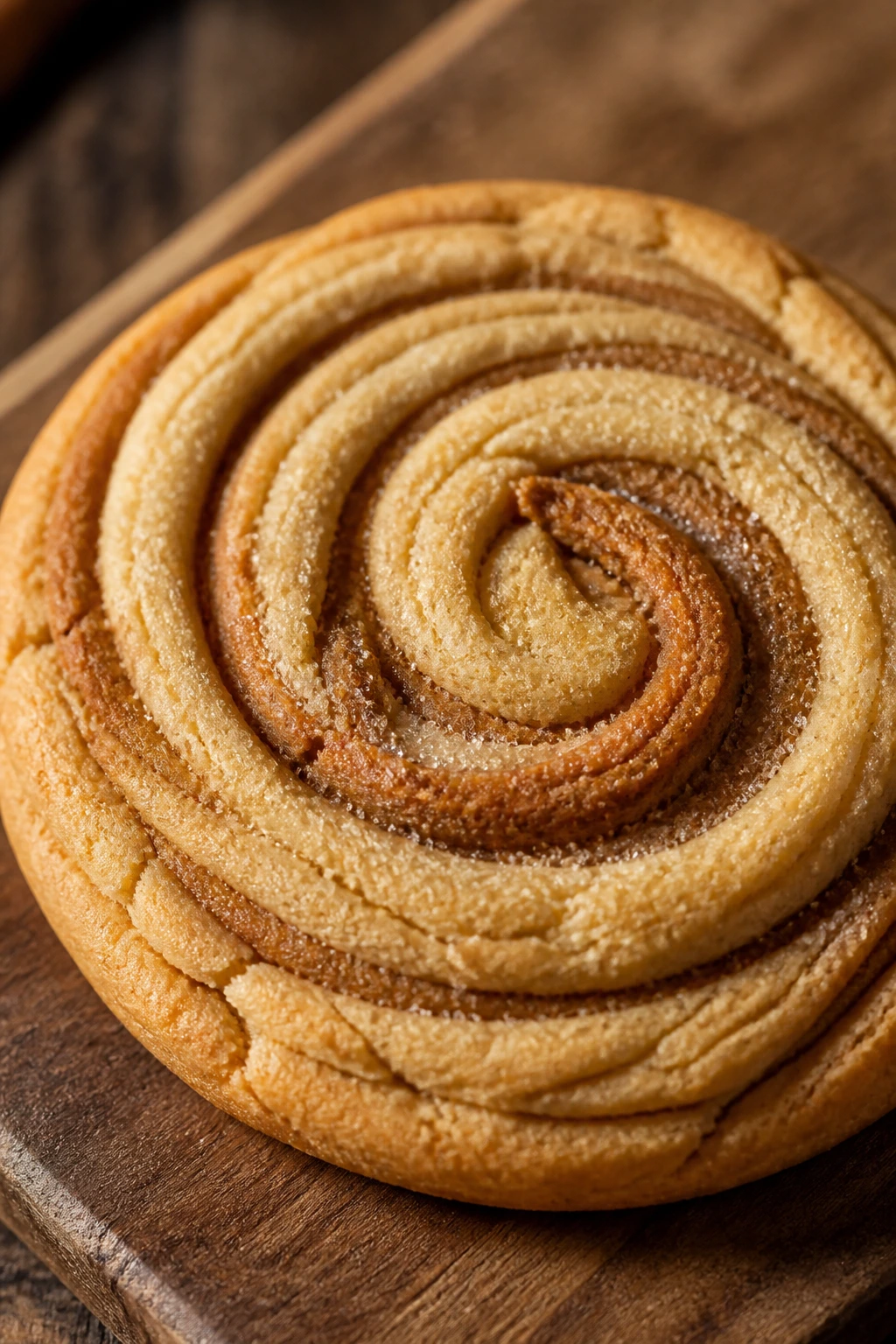 Peanut butter swirl cookie with visible swirl pattern on a wooden board.