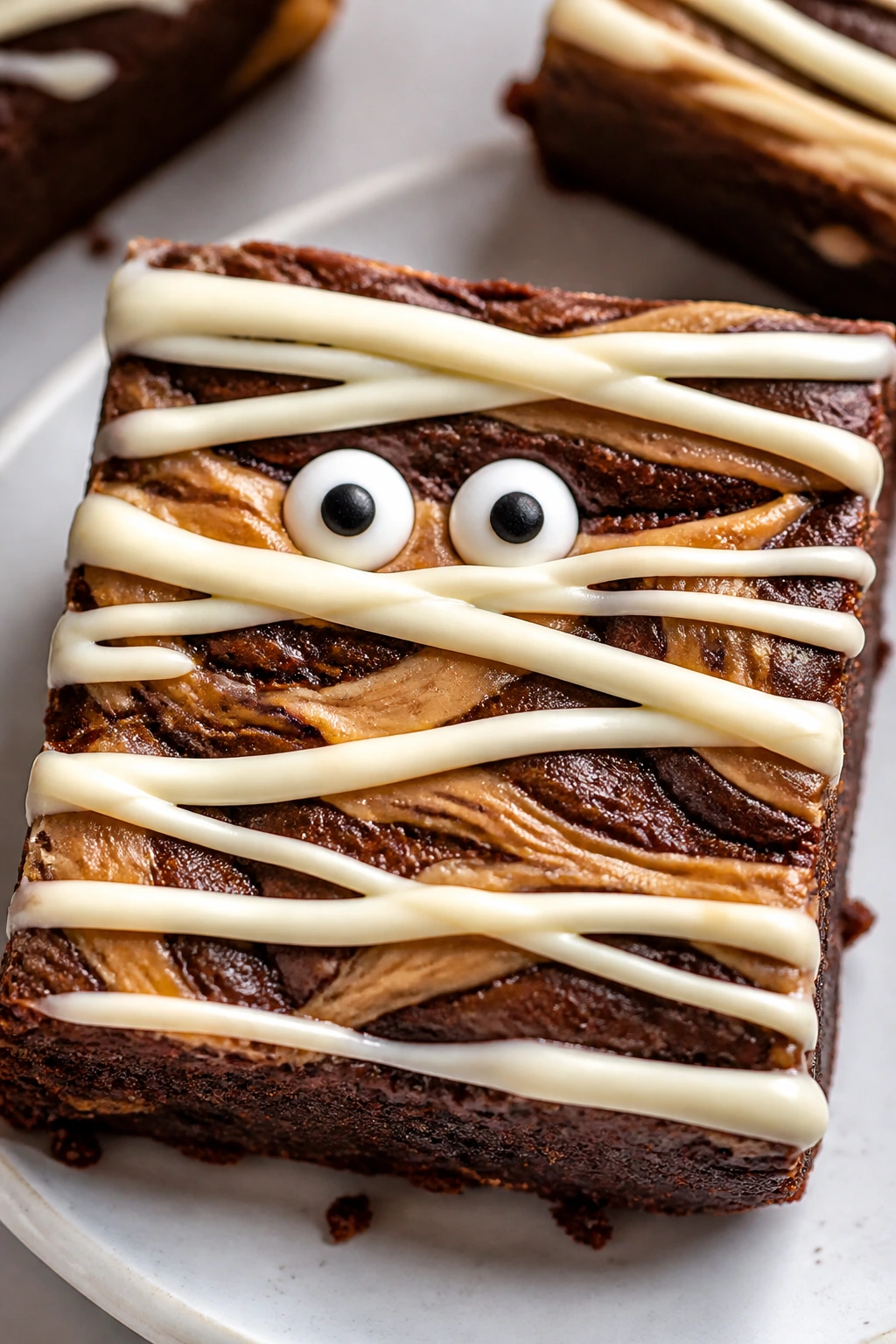 Brownie with peanut butter swirl and bandages on a plate in a bright kitchen