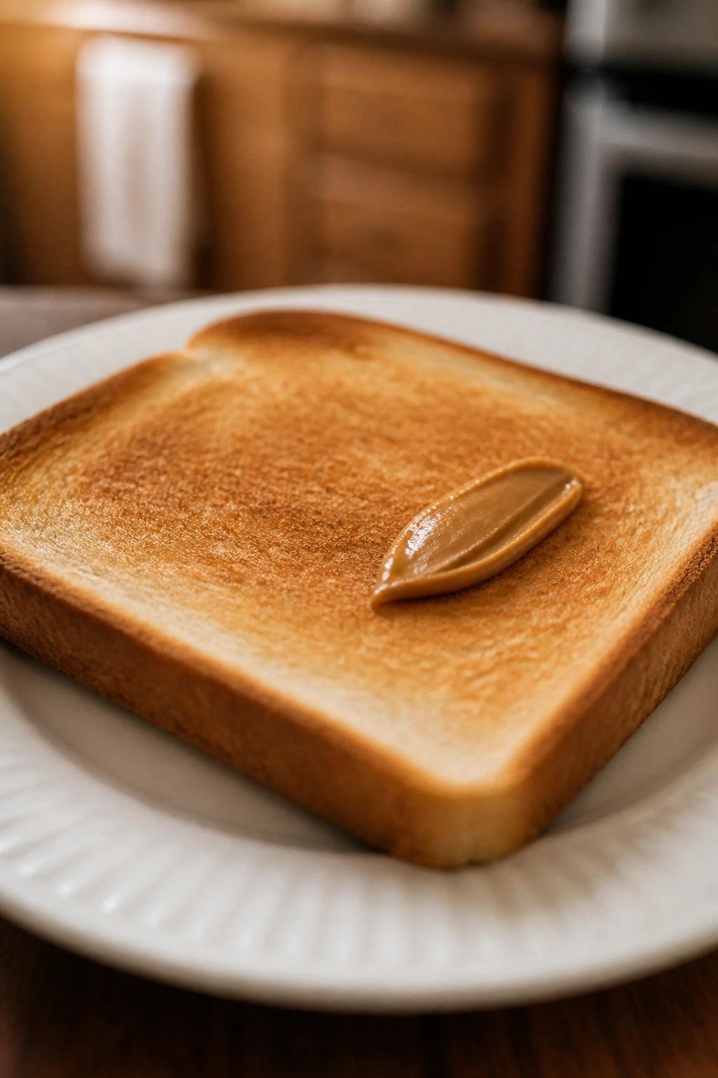 Close-up of toast with a light smear of peanut butter on a plate