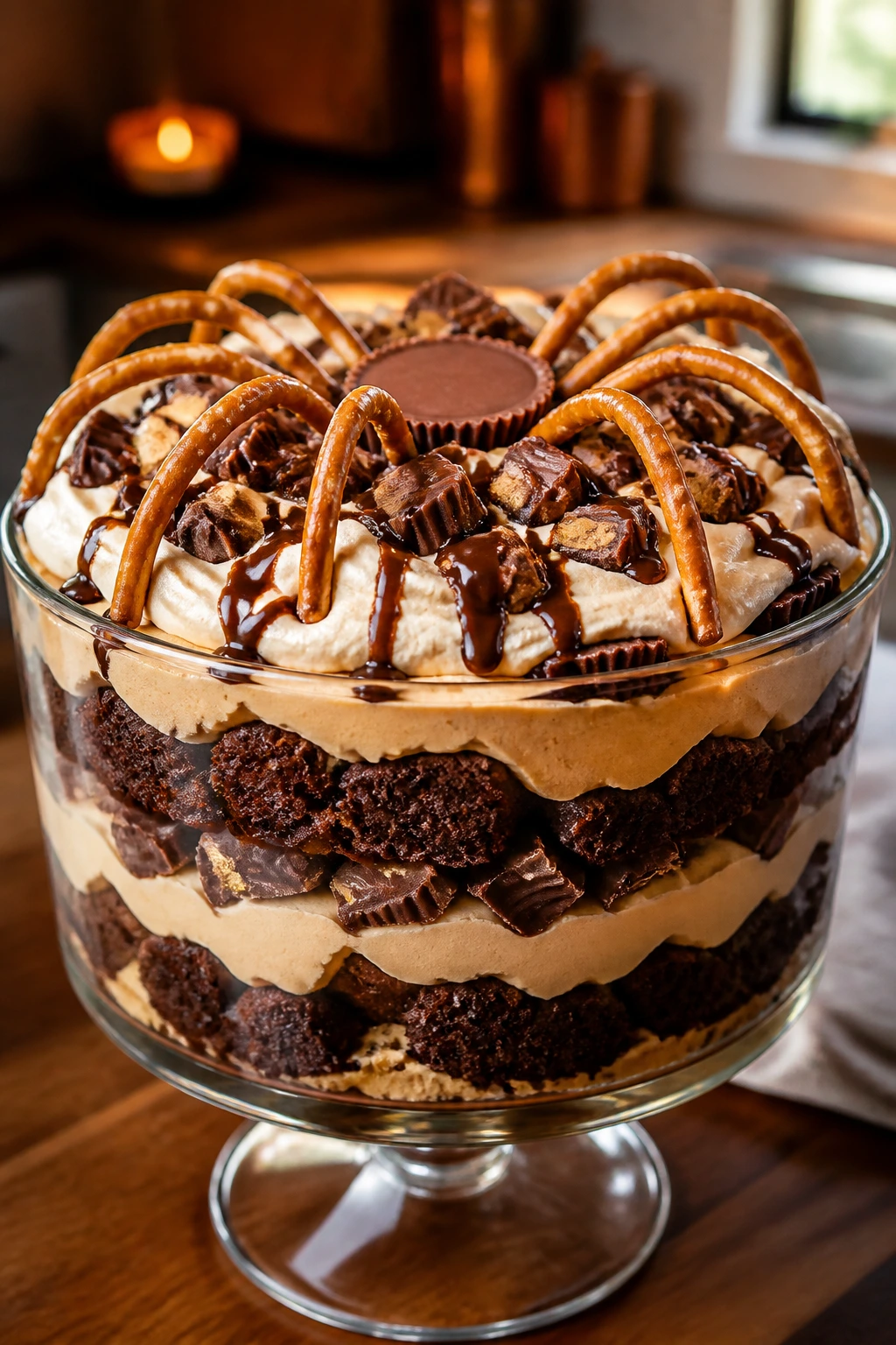 Close-up Peanut Butter Spider Trifle with spider-leg topping on a glass bowl.