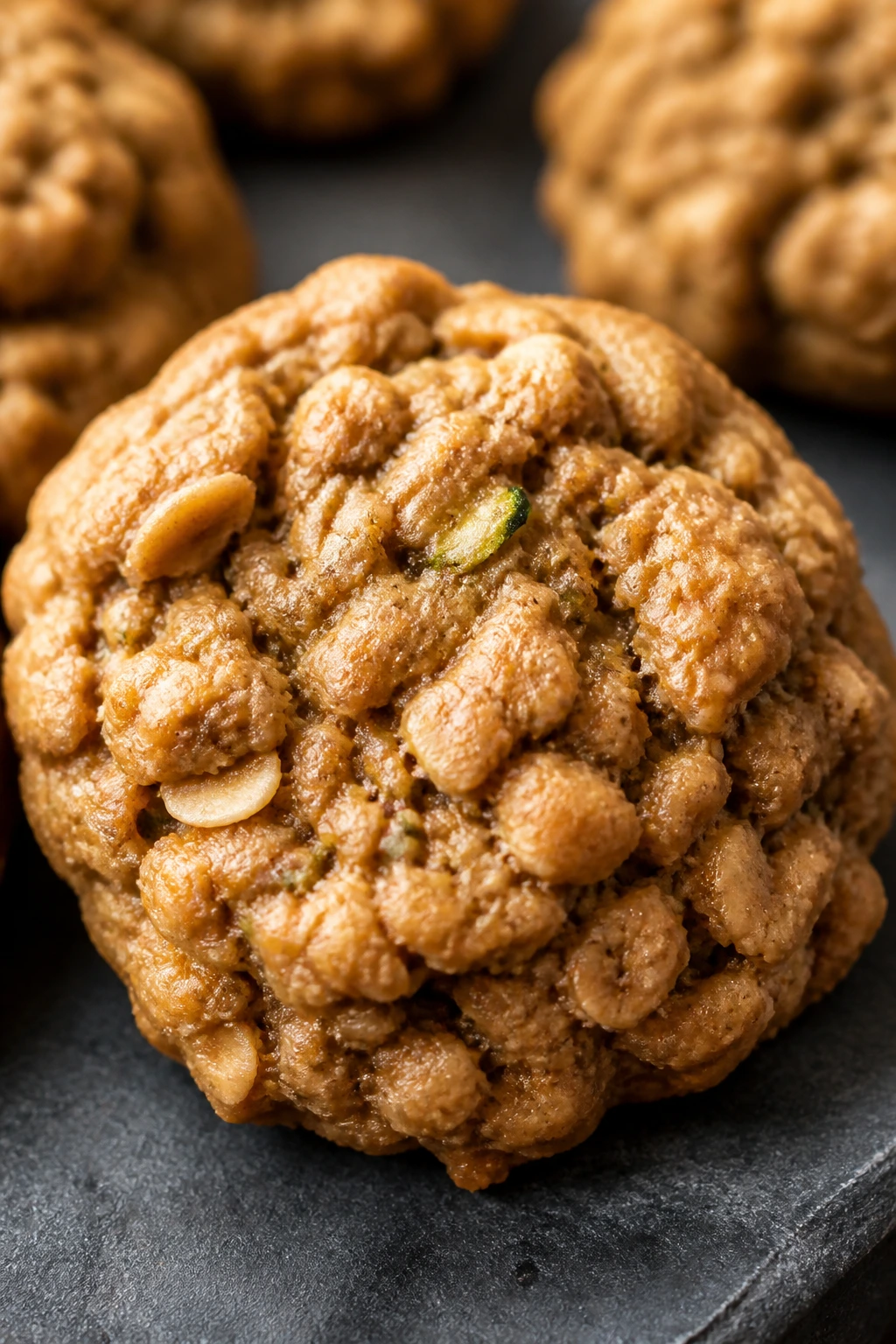 Close-up of a thick peanut butter zucchini oatmeal cookie on slate
