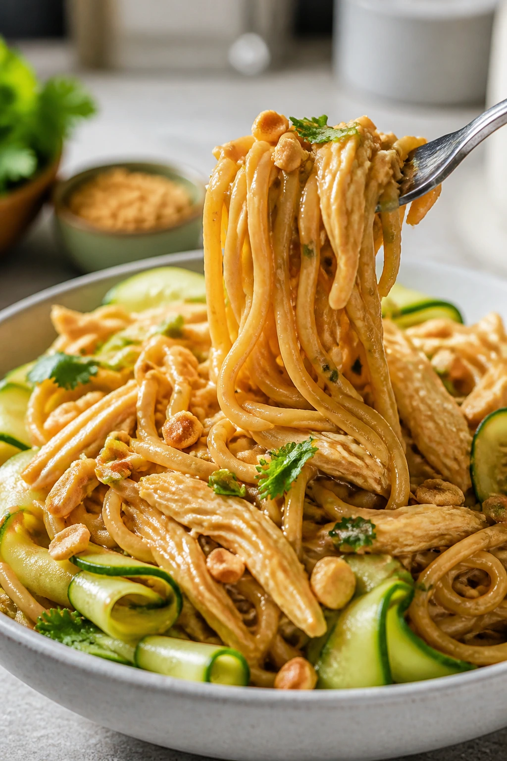 Noodles with peanut sauce and chicken in a bowl