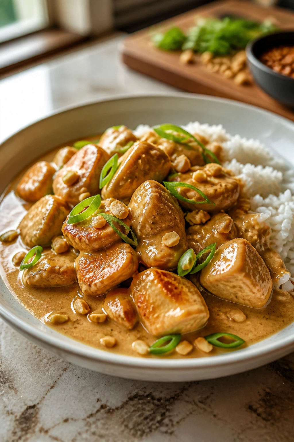 Close-up of creamy peanut chicken plated with rice and peanuts in a shallow bowl on a warm kitchen counter