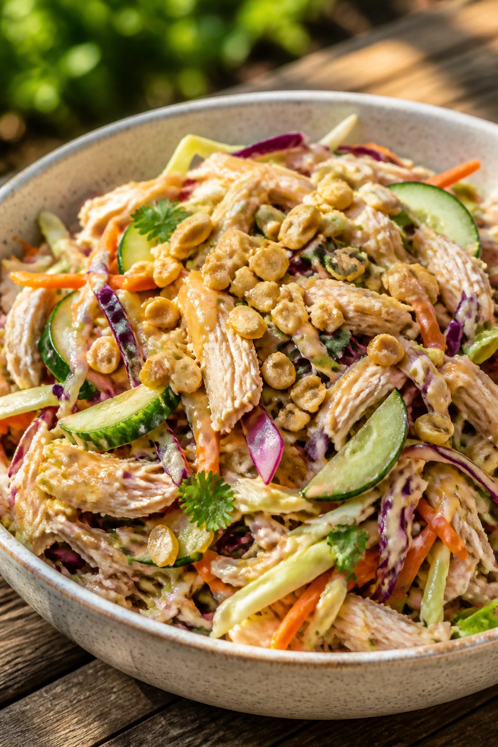Close-up of Peanut Chicken Crunch Salad in a bowl