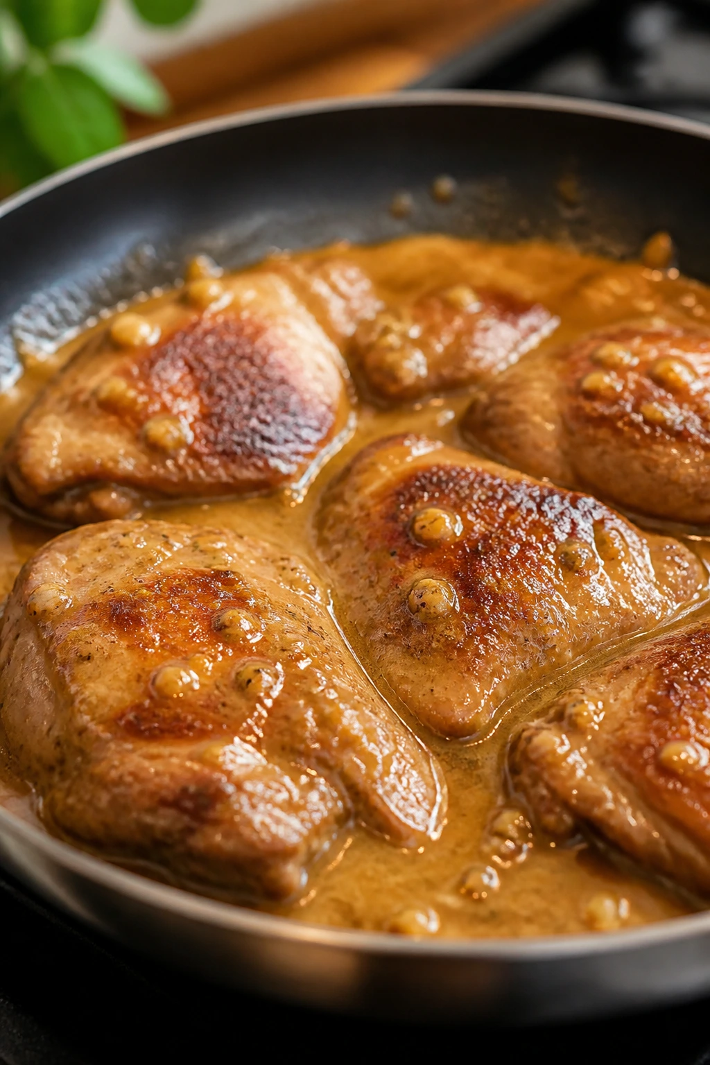 Close-up of chicken browning with glossy sauce in a skillet