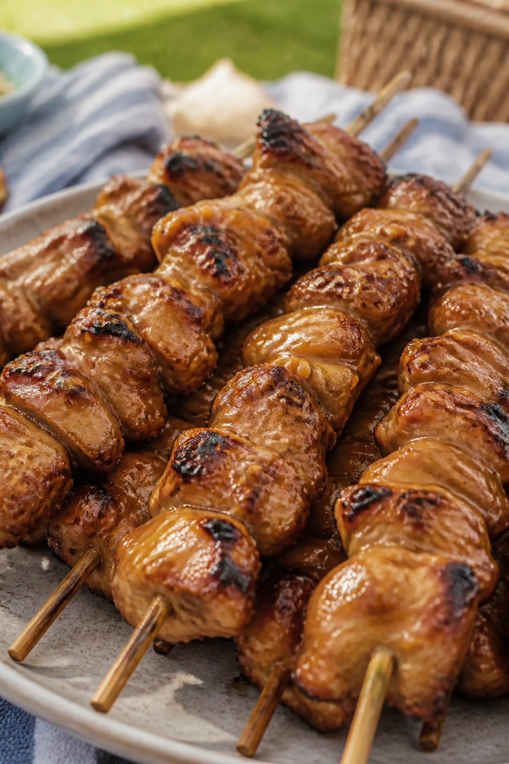Close-up of grilled peanut chicken skewers.