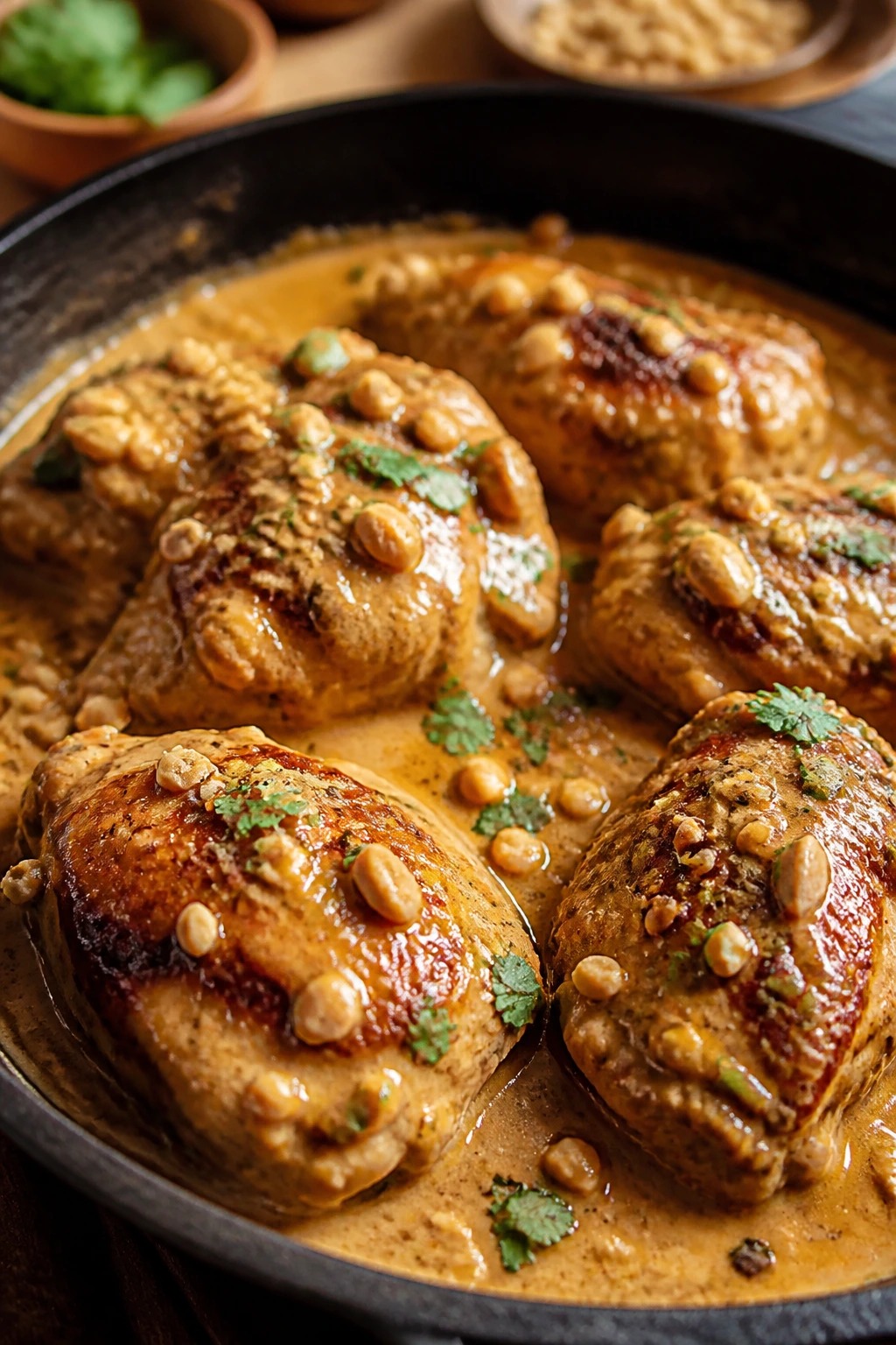 Close-up of glossy peanut chicken thighs in a creamy sauce on a skillet