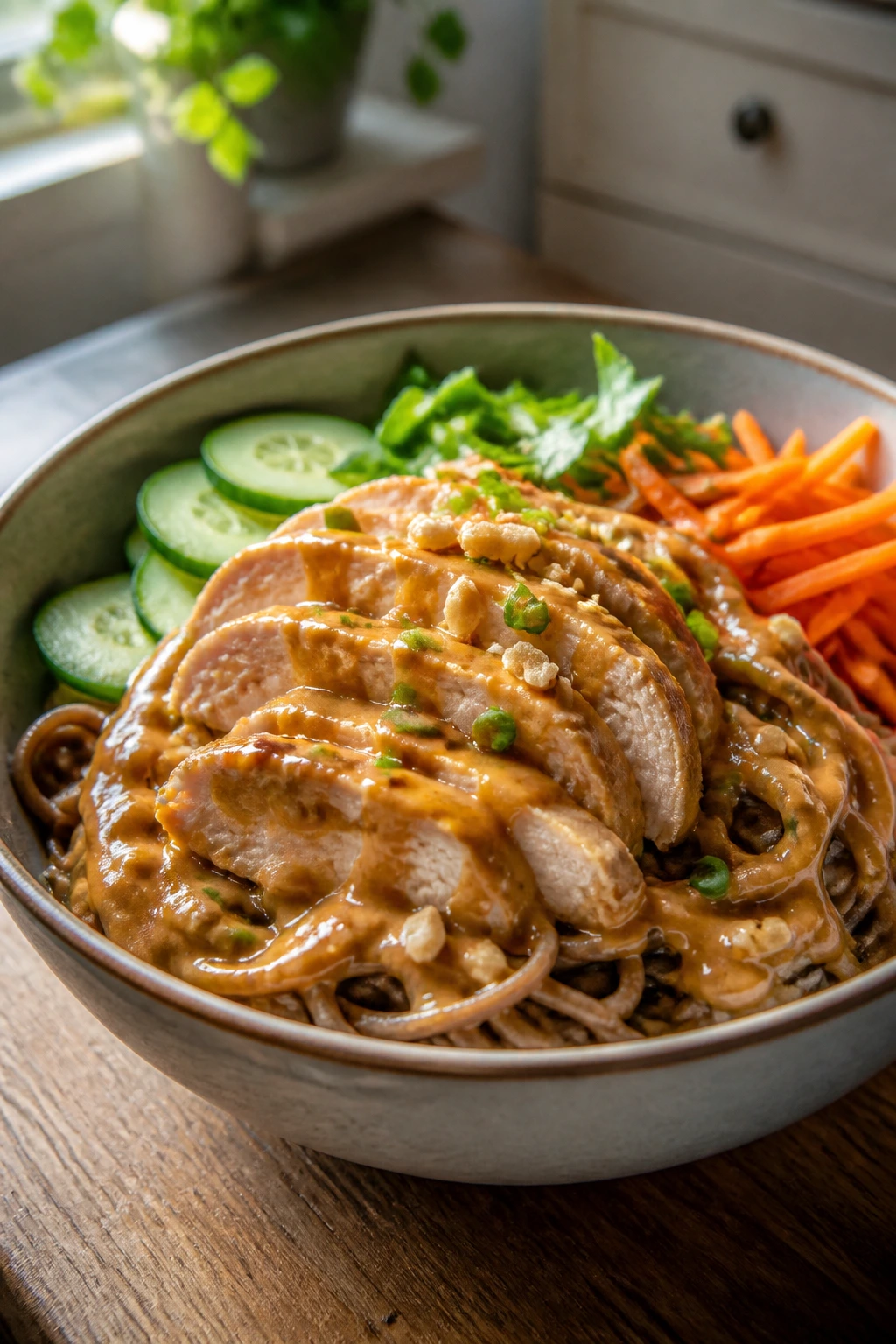 Close-up of peanut chicken soba bowl