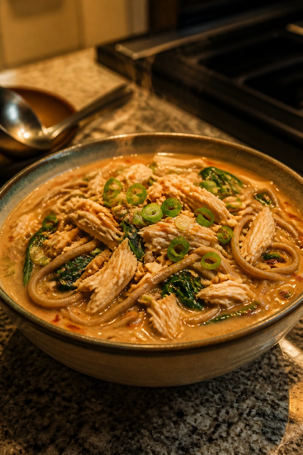 Steaming bowl of peanut chicken soba soup with greens
