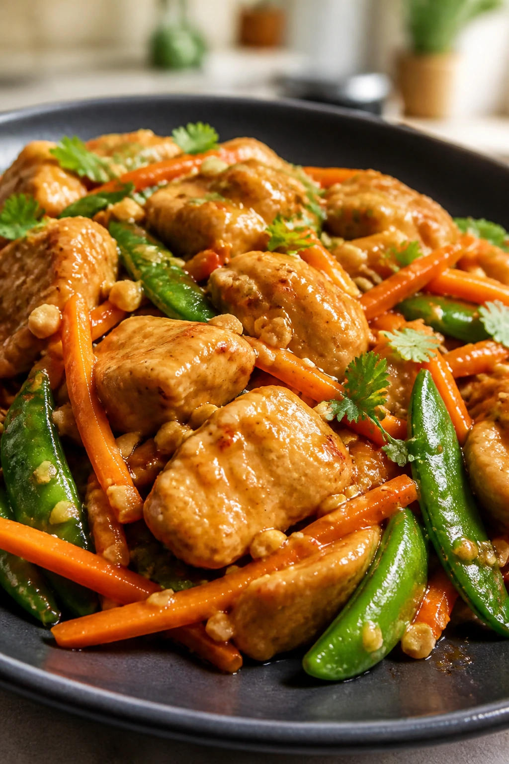 Close-up of peanut-coated chicken stir fry with veggies