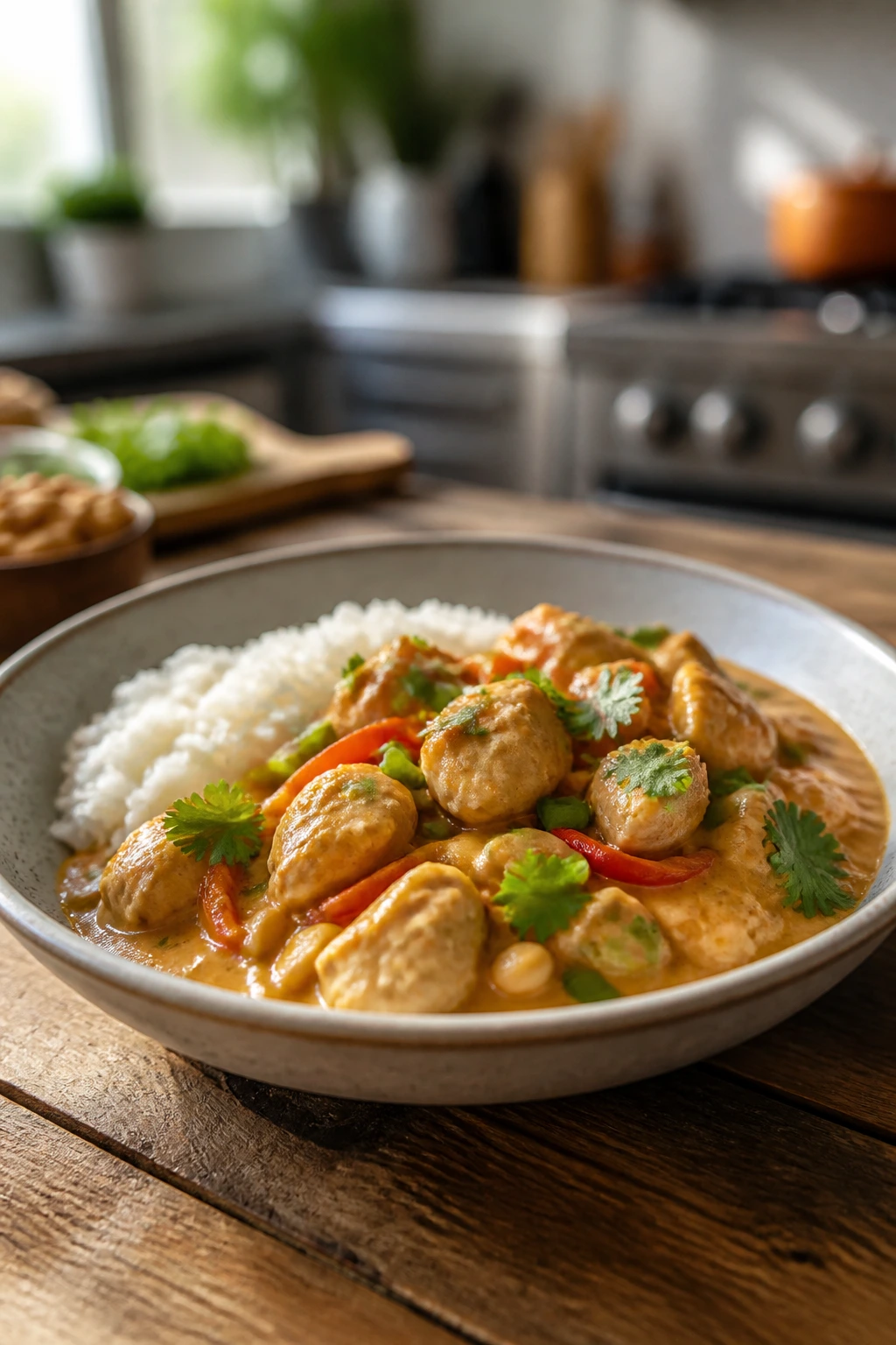 Peanut chicken plated in a rustic setting with rice, on wood table and blurred kitchen background