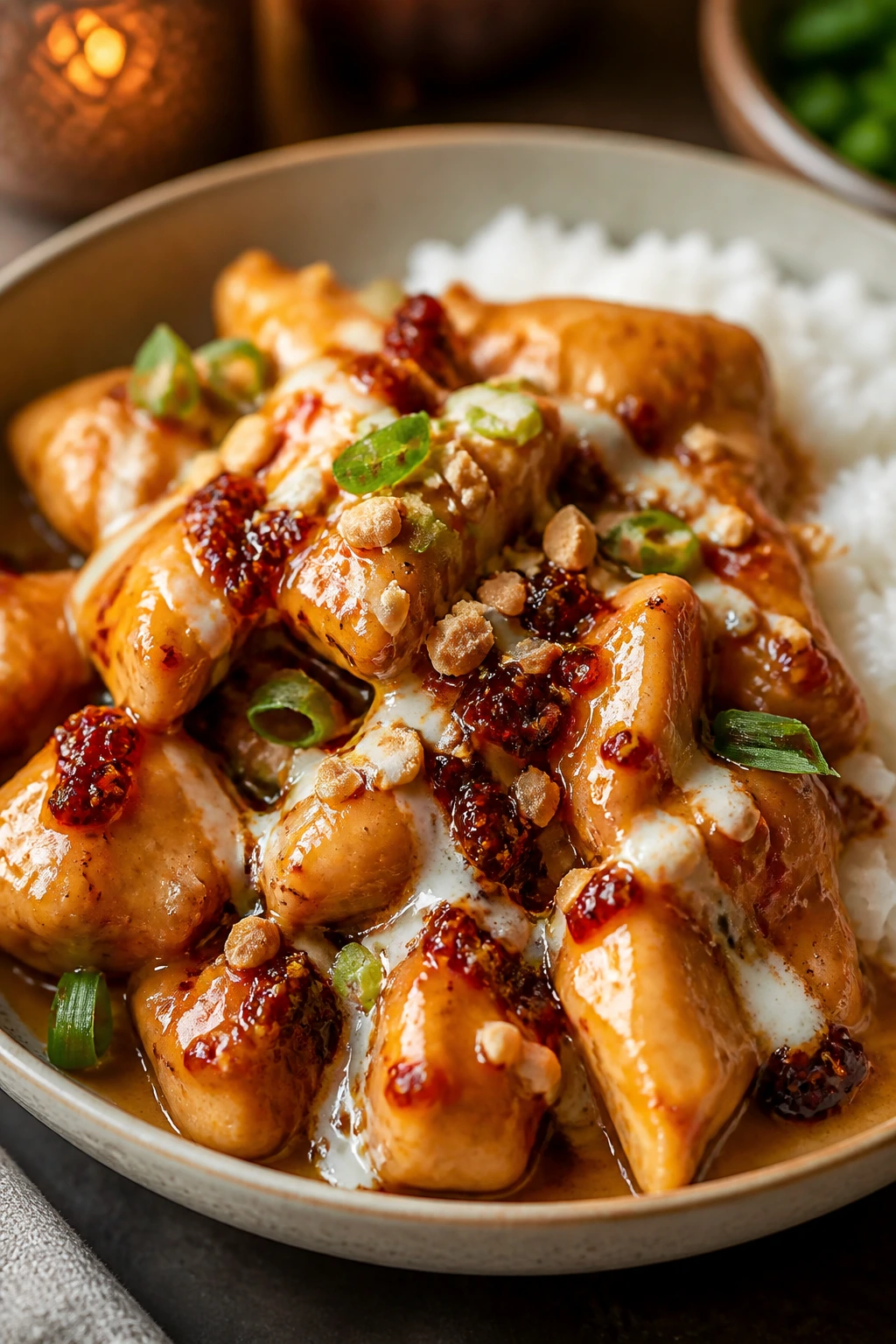Plated peanut chicken with chili crisp and coconut-milk glaze.