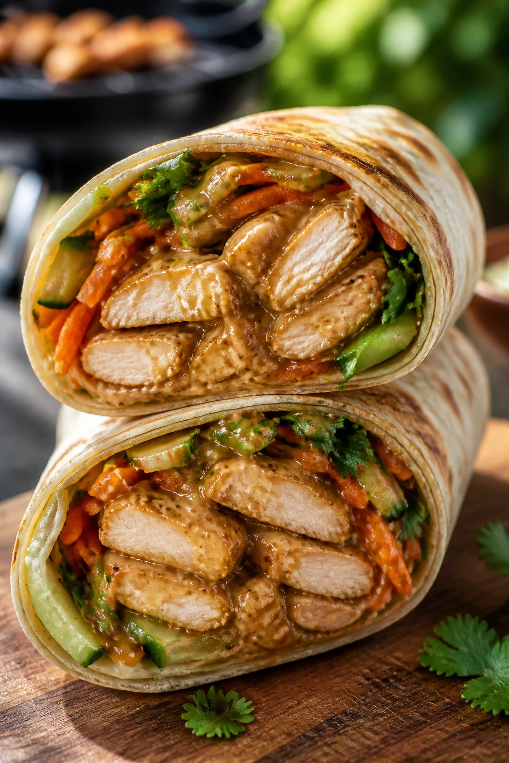 Cross-section of Peanut Chicken Satay Wrap showing chicken with peanut sauce and vegetables