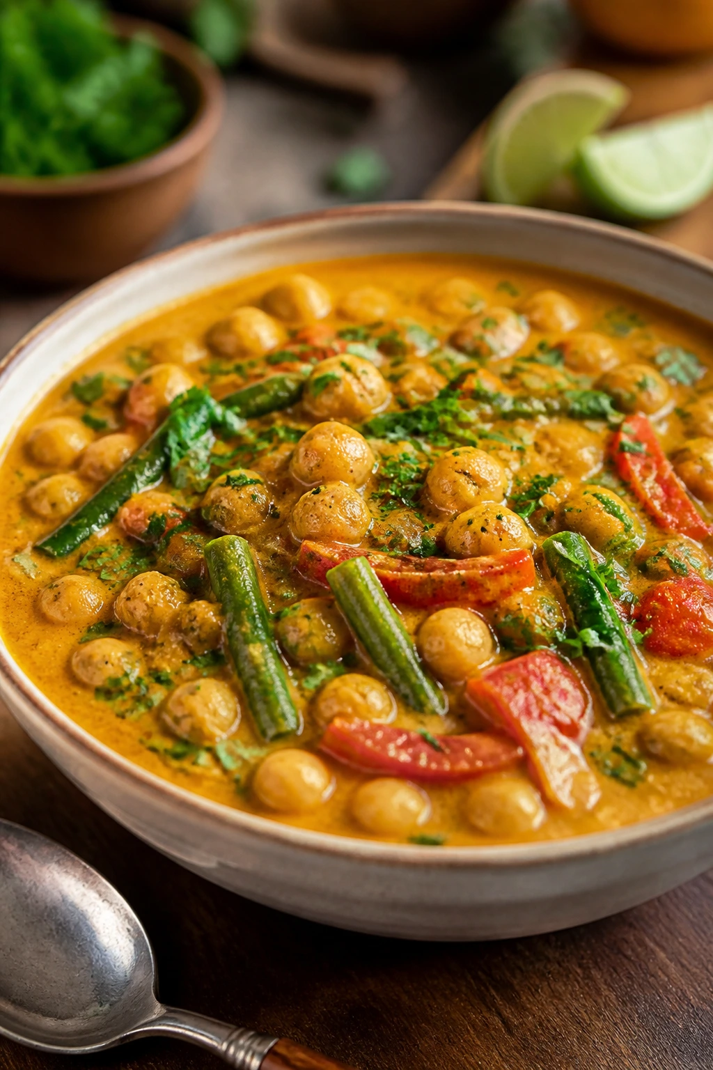 Close-up peanut chickpea curry in a bowl