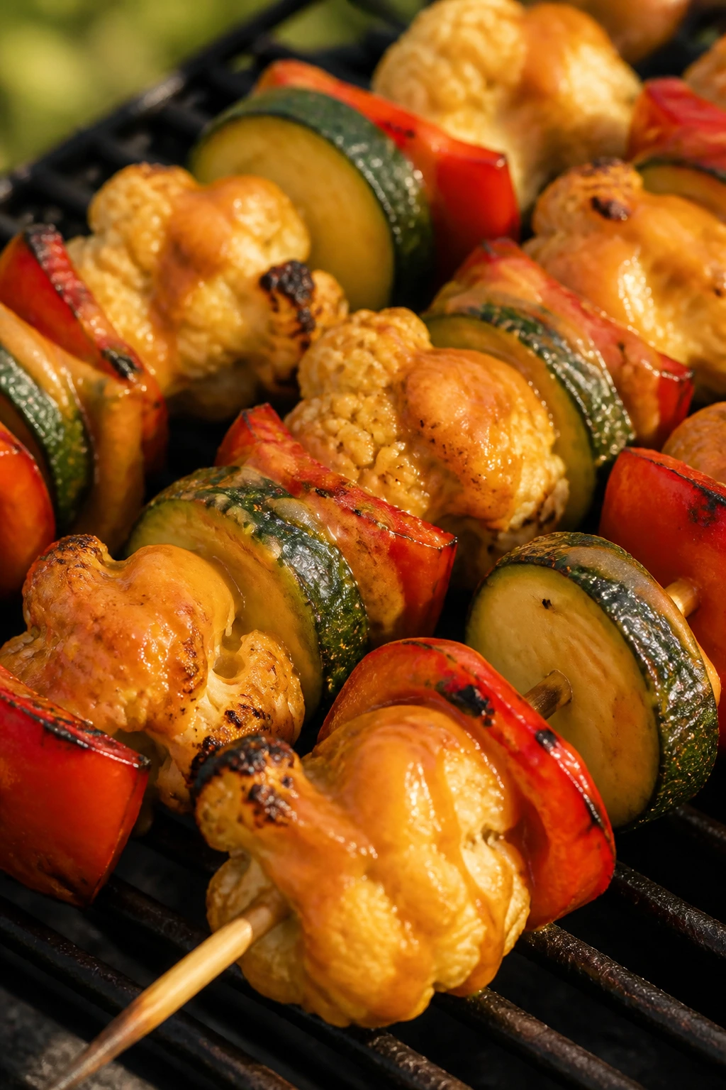 Close-up Thai peanut cauliflower zucchini pepper skewers on grill