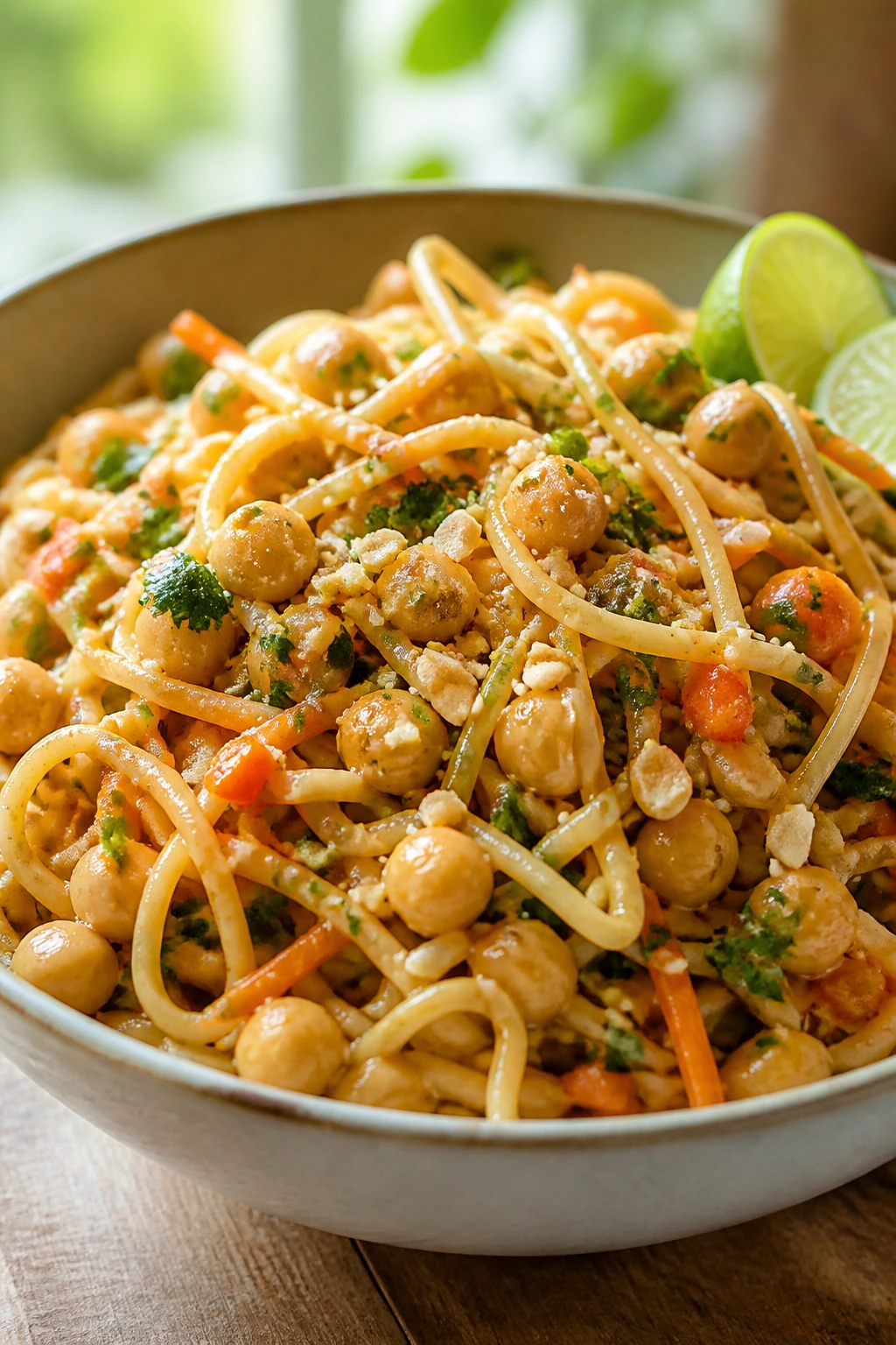 Noodle chickpea salad with peanut lime dressing in a bowl