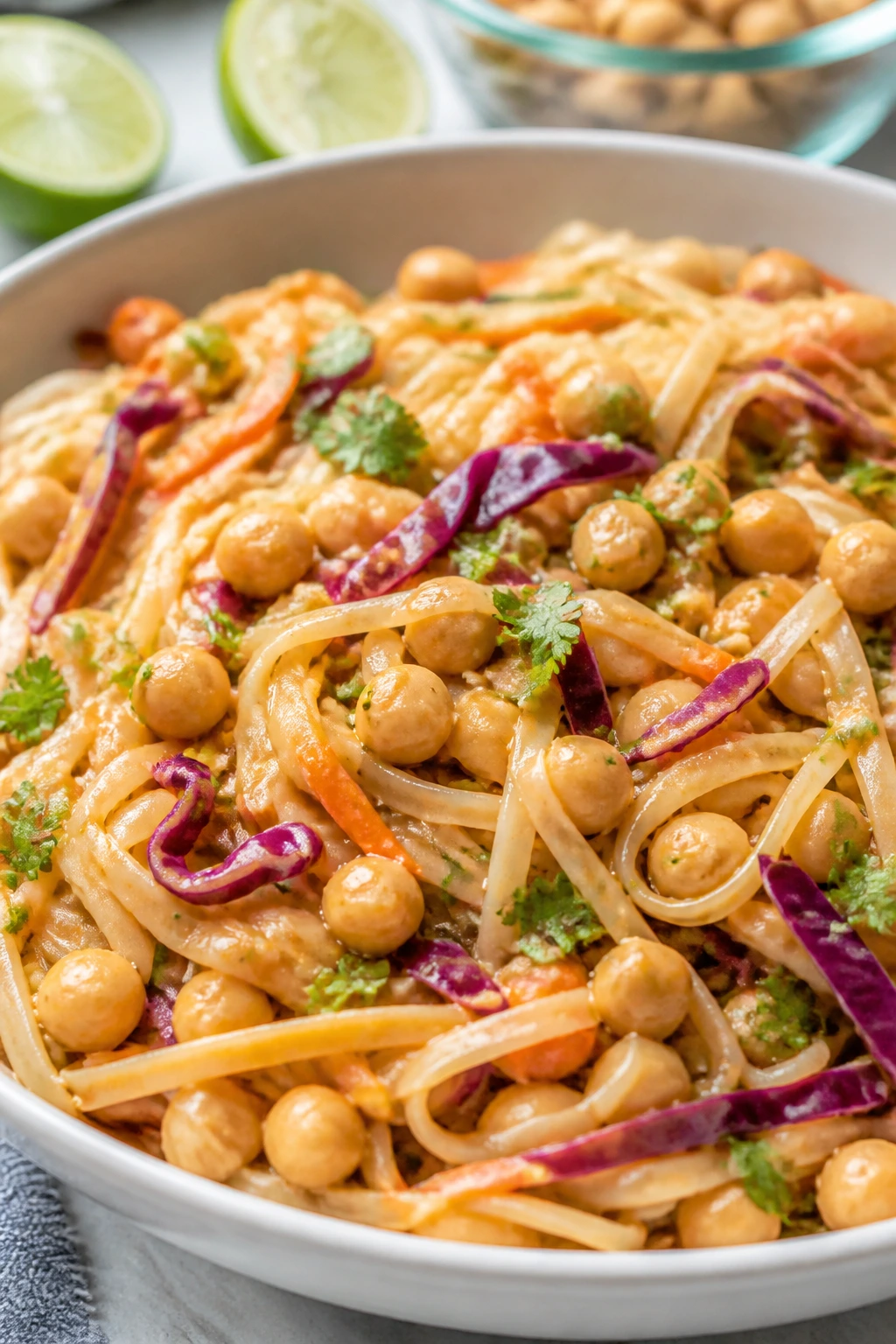 Medium close-up of Peanut Lime Chickpea Noodle Salad with noodles, chickpeas, cabbage, and carrot in peanut-lime dressing