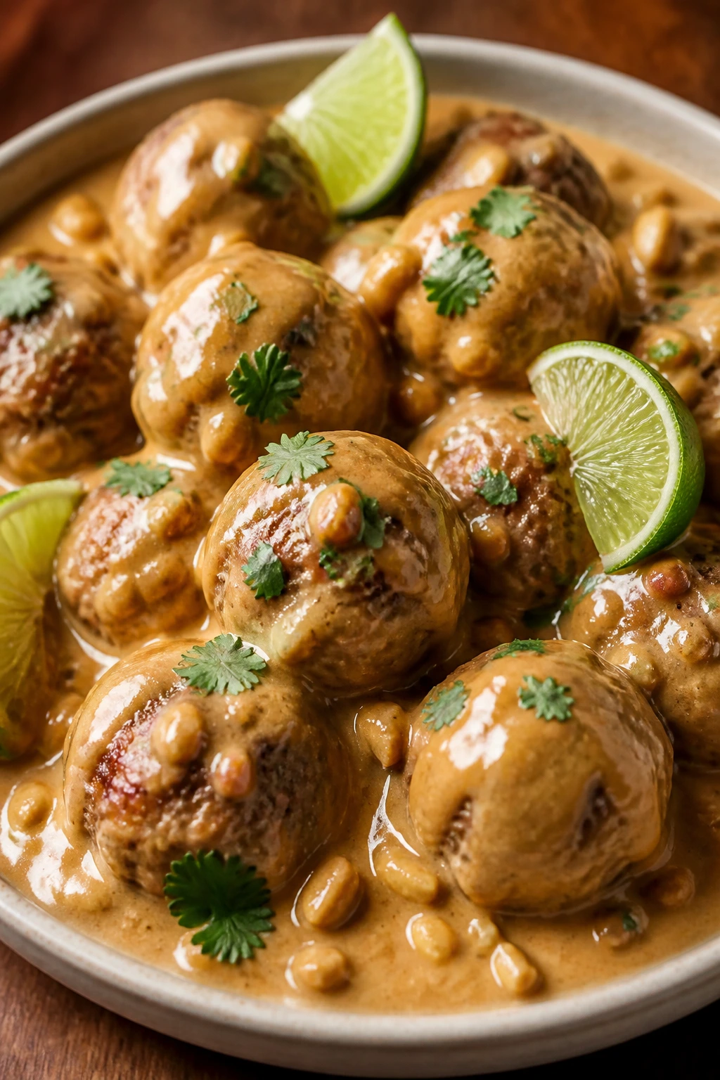 Meatballs in peanut lime satay sauce on wooden table